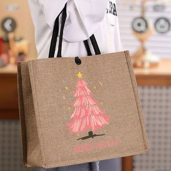 Festive Pink Christmas Tree Jute Tote With Makeup Bag - Picture 5 of 7